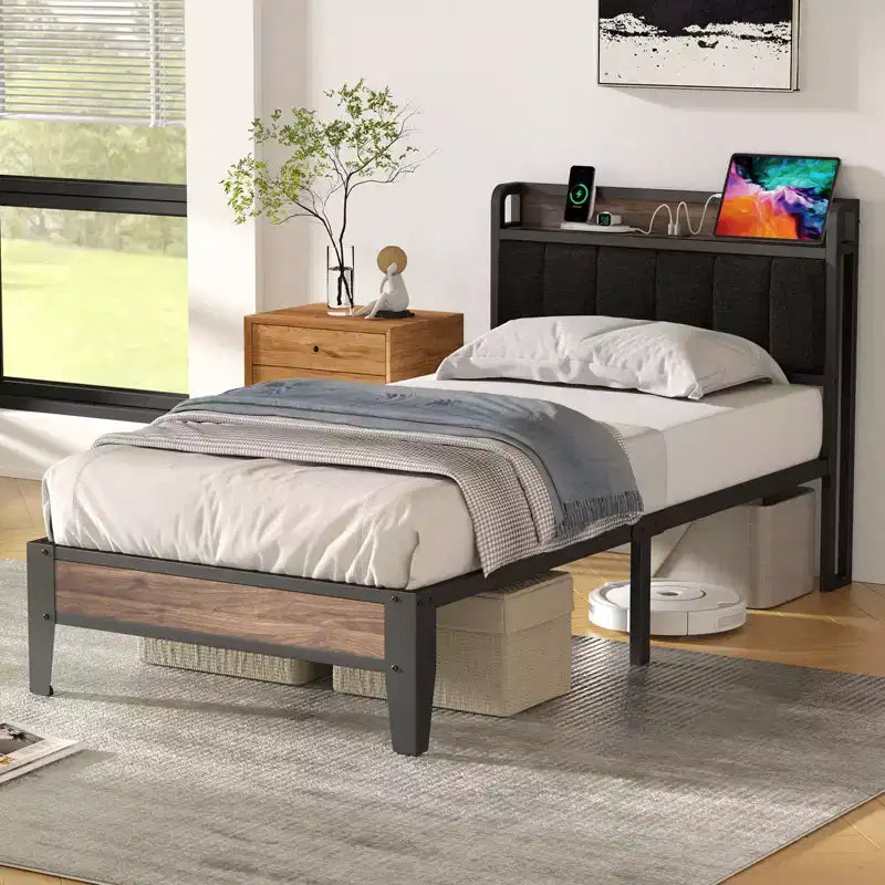 Lusimo Cadre de lit Twin XL, Lit plateforme rembourré avec tête de lit de rangement et station de charge