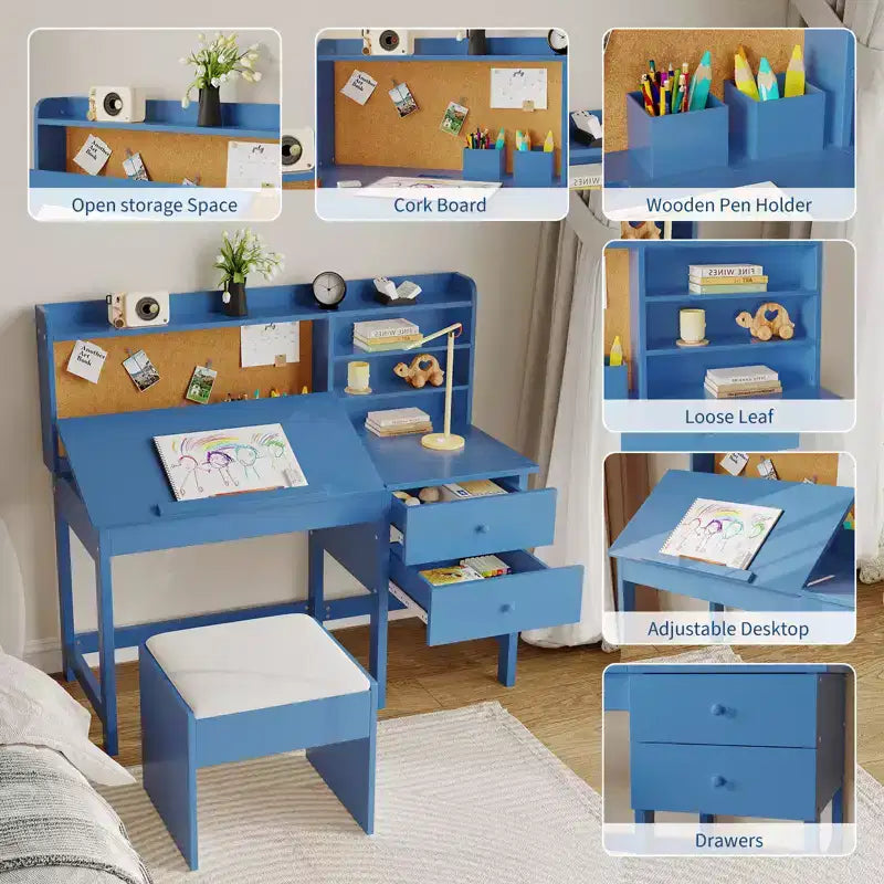 Ensemble bureau et chaise d'étude Acekool pour enfants avec surmeuble, plateau inclinable et rangements pour chambre et école à domicile