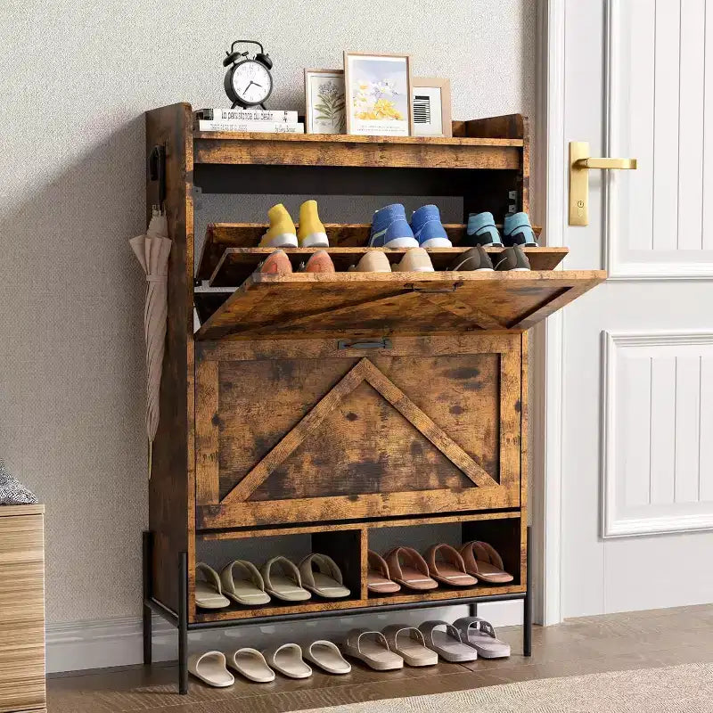 Meuble à chaussures Acekool avec 2 tiroirs basculants et rangement ouvert, pieds de support réglables, poignées métalliques, organisateur d'entrée