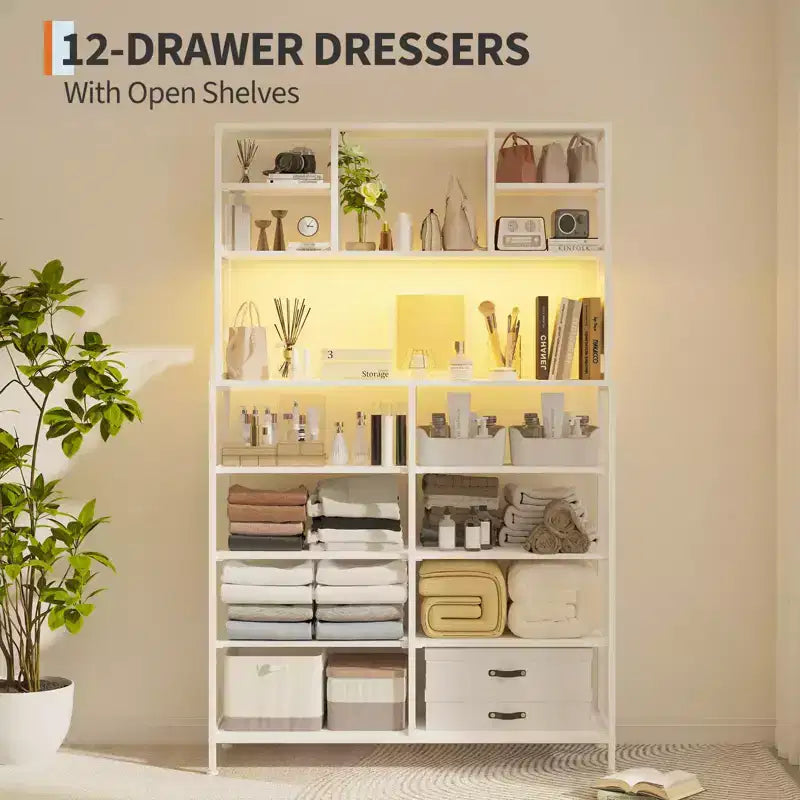 Commode de chambre, commode en tissu à 12 tiroirs, étagères ouvertes, plateau en bois et cadre en métal pour chambre à coucher, couloir ou salon