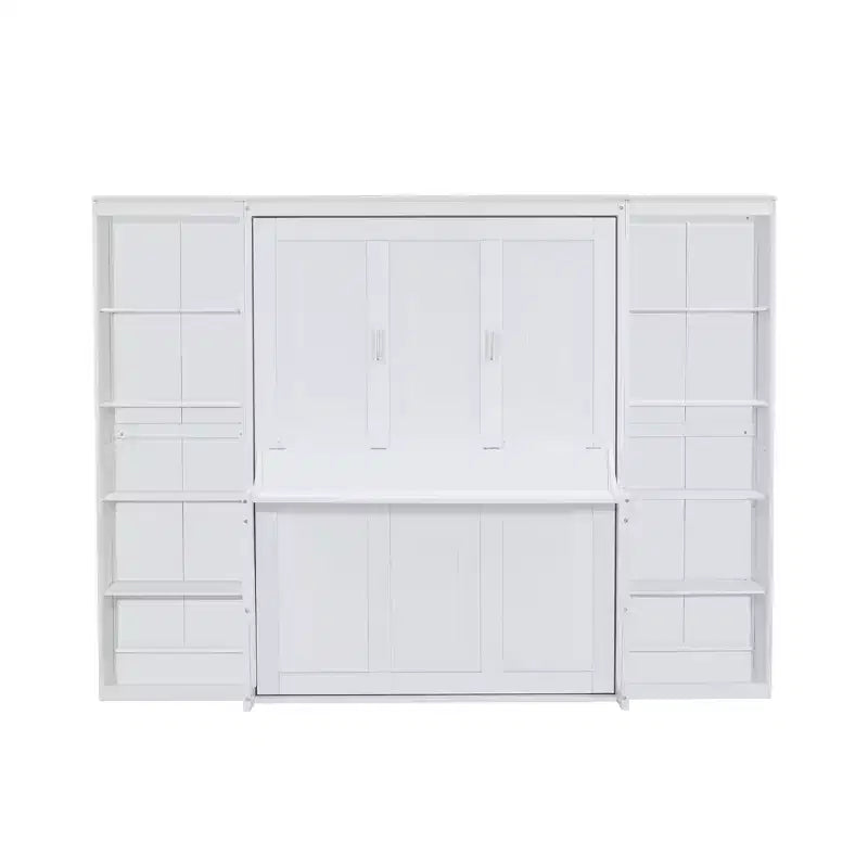 Lit escamotable en bois Queen/Grand avec bureau et étagères de rangement, blanc -ModernLuxe