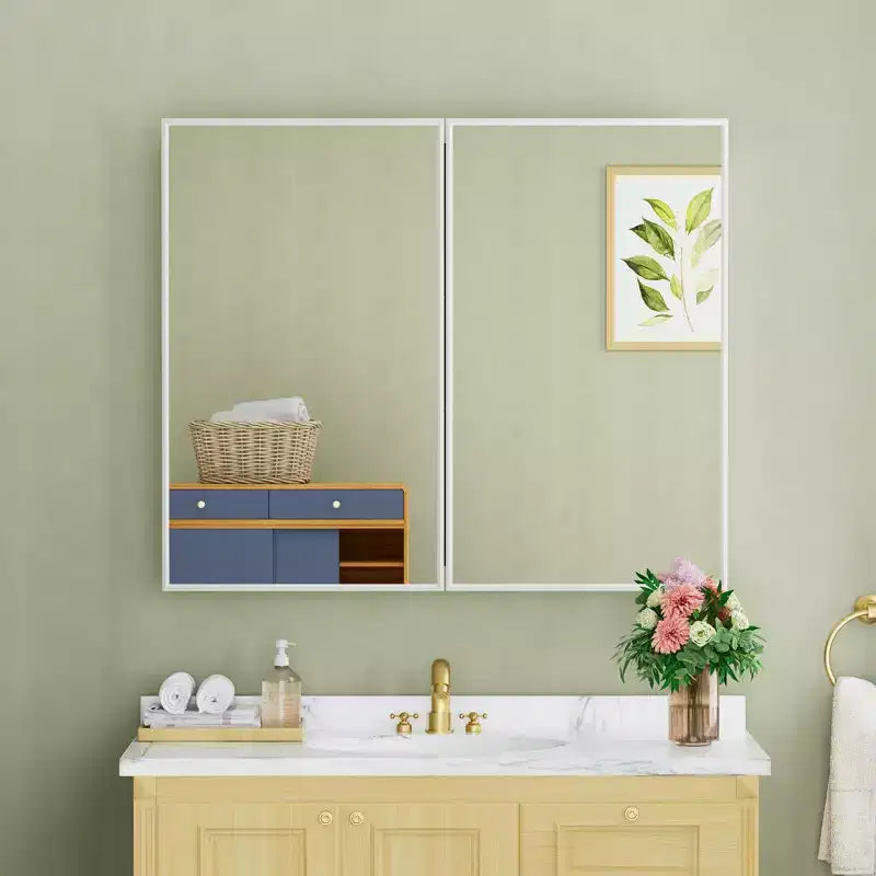 Armoire à pharmacie Elise avec miroir, armoire de salle de bain à montage en surface ou encastré, étagères réglables en verre trempé, réversible