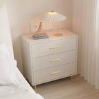 Commode moderne blanche, commode à 8 tiroirs avec poignées et pieds dorés, table de chevet en bois avec surface texturée de lin