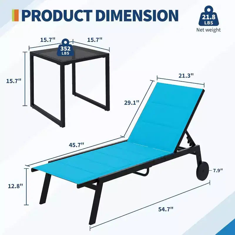2 chaises longues de patio en tissu avec table d'appoint, dossier réglable, transats de piscine à roulettes, chaises de bronzage pour piscine extérieure, cour, pelouse