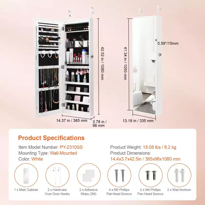 Meuble à bijoux avec miroir VEVOR, armoire à bijoux verrouillable de 108 cm de haut avec miroir pleine longueur, miroir à bijoux mural ou à suspendre à la porte, blanc