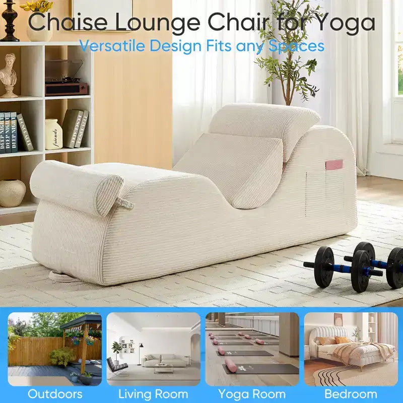 Mjkone Chaise Longue de Yoga en Velours Côtelé, Canapé de Yoga Incurvé avec Appui-Tête/Coussin Lombaire/Repose-Pieds Amovibles, Base Antidérapante