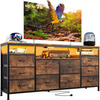 Commode 63,3 pouces pour chambre à coucher, commode TV en tissu à 10 tiroirs avec lumières LED et prises de courant, long meuble TV pour placard