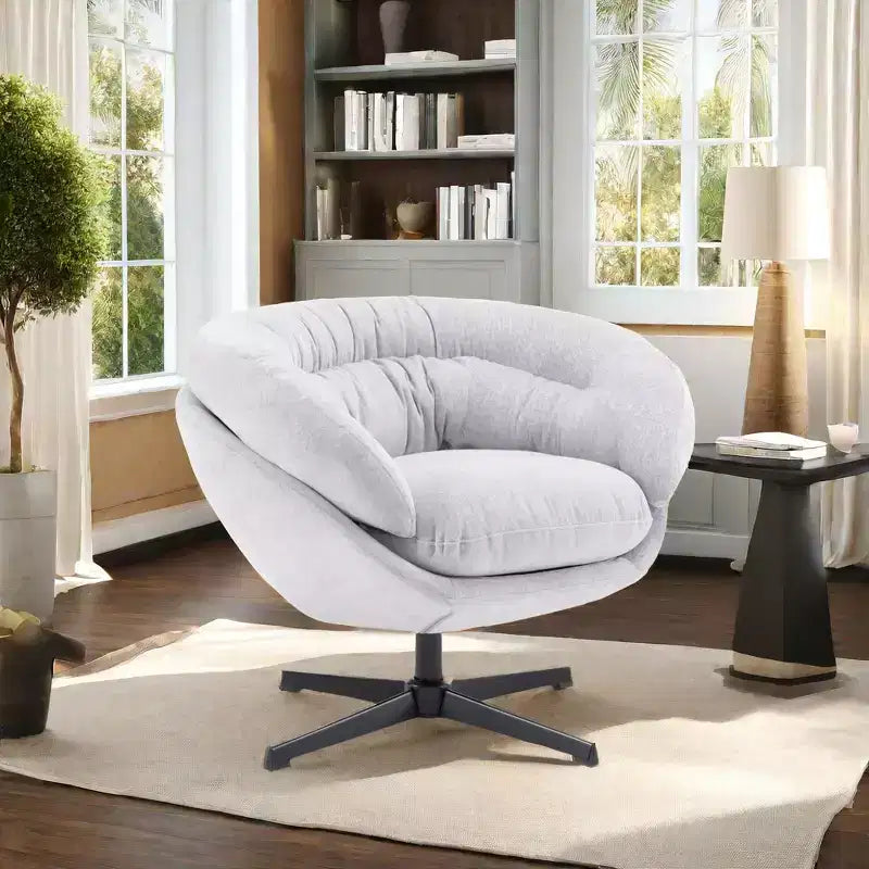 Fauteuil Okak, Fauteuil de bureau moderne en chenille, Fauteuil pivotant avec coussin amovible, Fauteuil de bureau rond, Base en métal et matériau en coton
