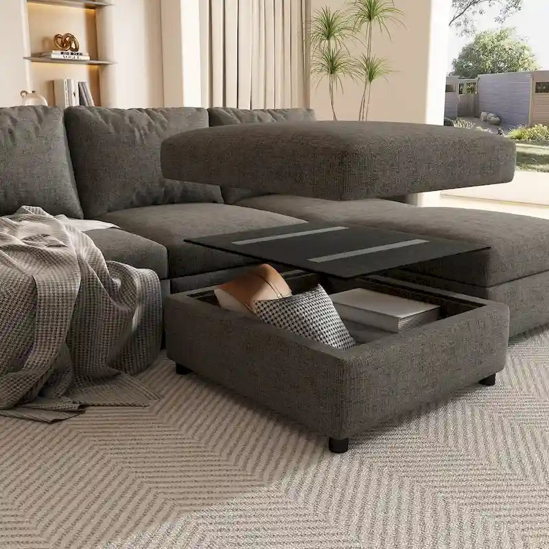 Canapé d'angle modulable 4 places en U gris 123 avec poufs de rangement