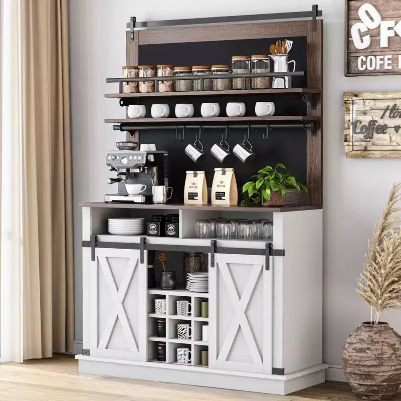 Meuble à café style ferme, 75 pouces de haut, buffet avec rangement, grand meuble de bar avec porte coulissante de style grange, salle à manger
