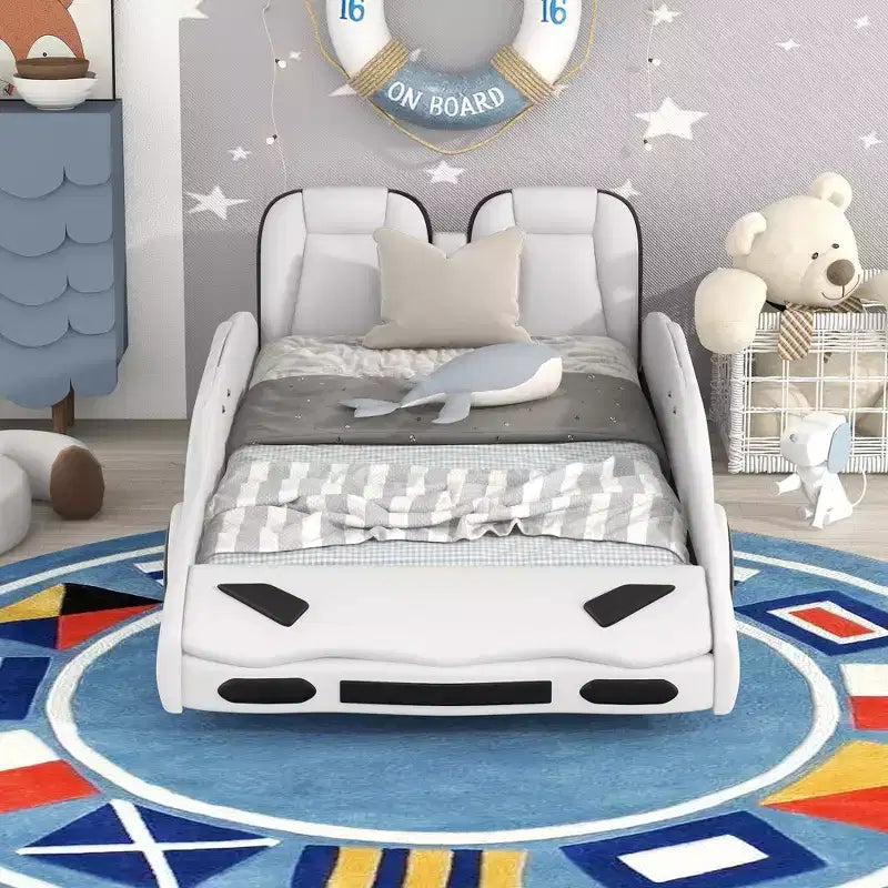 Lit Plateforme Jumeau Whisen au Design Cool en Forme de Voiture de Course avec Roues