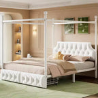 Lit plate-forme à baldaquin moderne en métal taille Queen Luxystar avec tête de lit rembourrée et 2 tiroirs, blanc