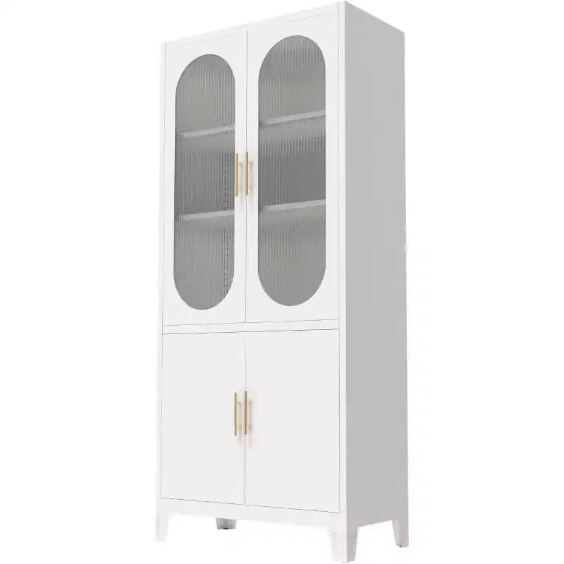 COZONY Armoire de cuisine moderne avec portes en verre cannelé, Armoire de rangement de cuisine de 180 cm, Buffet de rangement en métal pour salle à manger et organisateur de cuisine