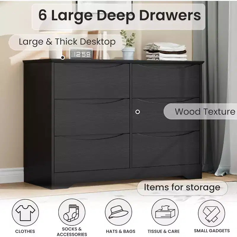 Commode en bois avec 6 tiroirs, commode de rangement longue, meuble de rangement moderne, pour chambre à coucher, salon