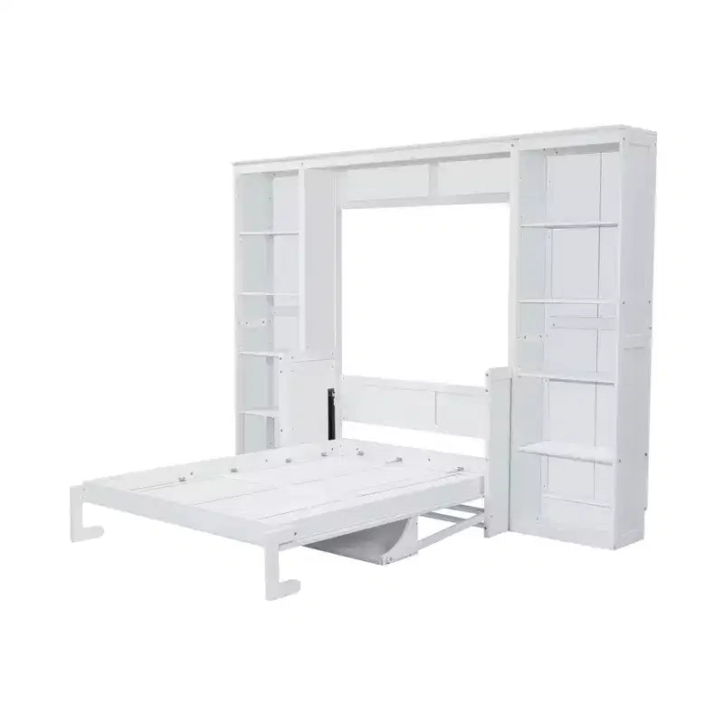 Lit escamotable en bois Queen/Grand avec bureau et étagères de rangement, blanc -ModernLuxe