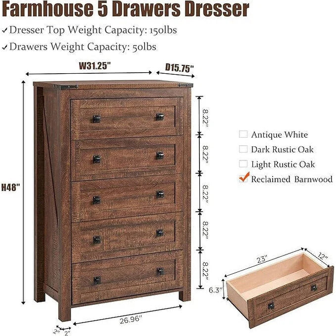 Commode en bois de style campagnard, 5 tiroirs, 122 cm de hauteur, pour chambre à coucher