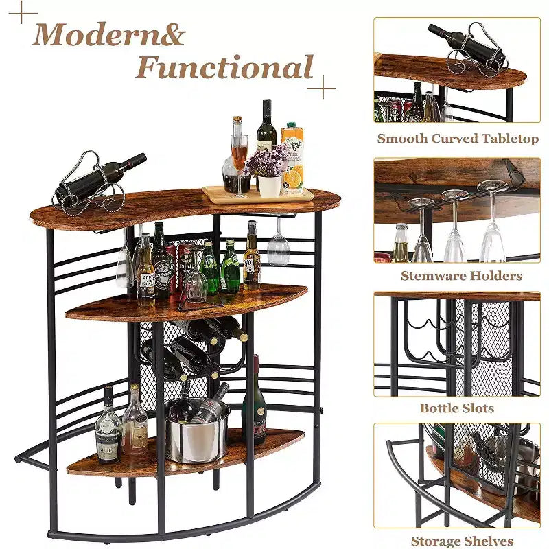 Table de bar industrielle ovale VECELO, table haute à 3 niveaux avec casier à vin et porte-verres, meuble de bar d'angle avec repose-pieds Marron/Gris/Chêne
