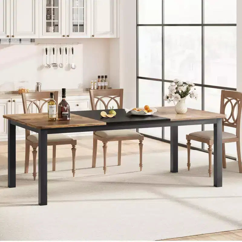 Table de salle à manger industrielle pour 6 à 8 personnes, table de cuisine en bois de 200 cm de long avec cadre en métal robuste et finition marron rustique - 6 places, comptoir rectangulaire