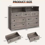 Commode en bois à 7 tiroirs avec station de recharge USB et lumières LED - Coiffeuse moderne avec 2 niches ouvertes pour chambre à coucher, salon, placard ou chambre d'enfant