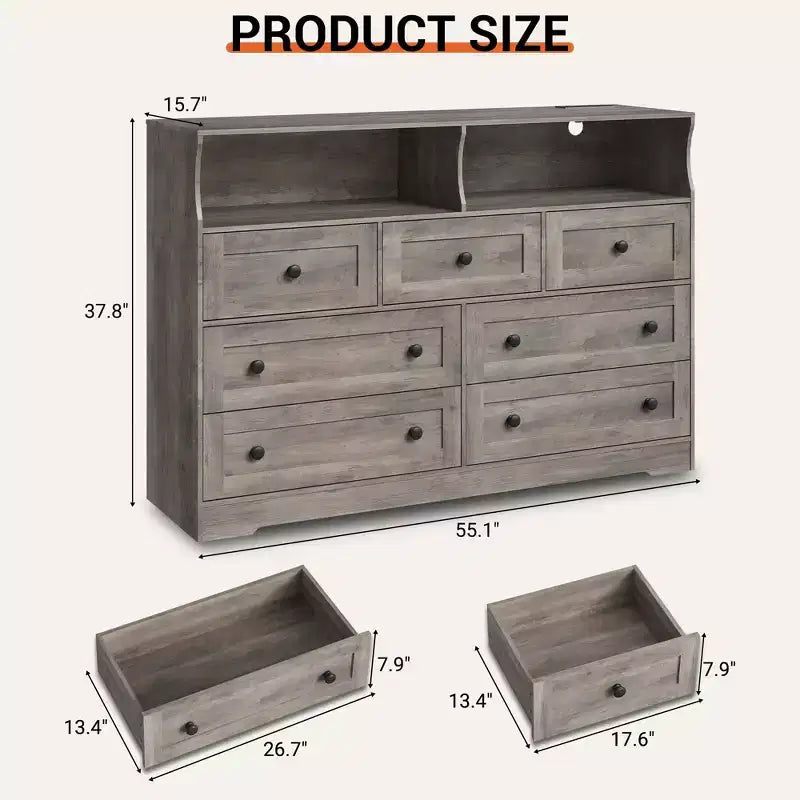 Commode en bois à 7 tiroirs avec station de recharge USB et lumières LED - Coiffeuse moderne avec 2 niches ouvertes pour chambre à coucher, salon, placard ou chambre d'enfant
