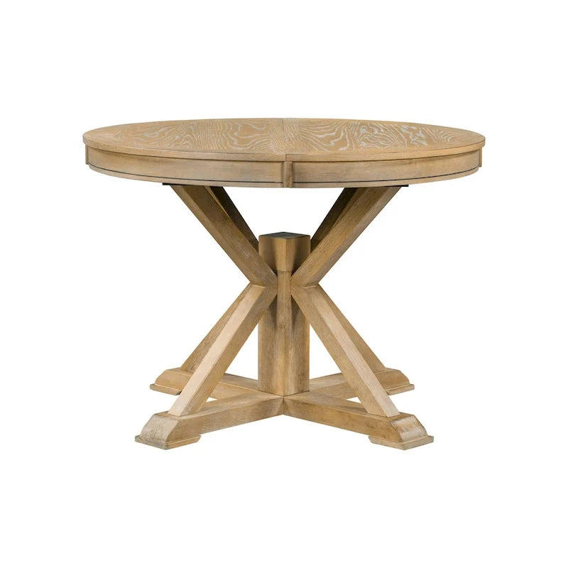 Ensemble de salle à manger 5 pièces en bois de style rétro avec table ronde extensible et 4 chaises, finition bois naturel vieilli