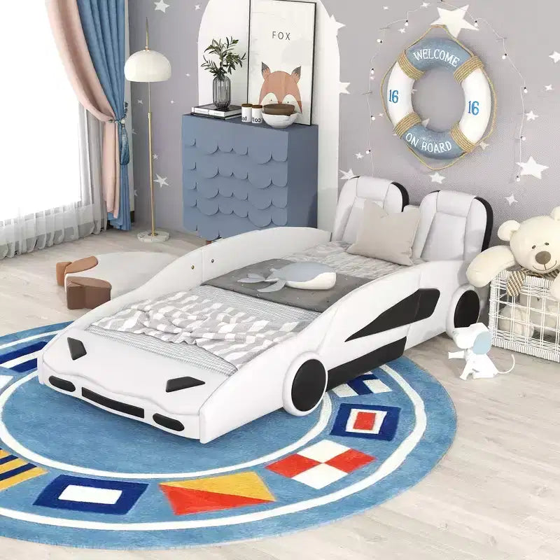 Lit Plateforme Jumeau Whisen au Design Cool en Forme de Voiture de Course avec Roues