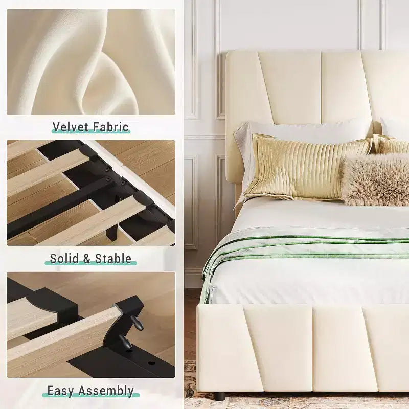 Lit Queen Size avec tête de lit réglable et 4 tiroirs de rangement, cadre de lit plateforme rembourré doux avec support à lattes en bois