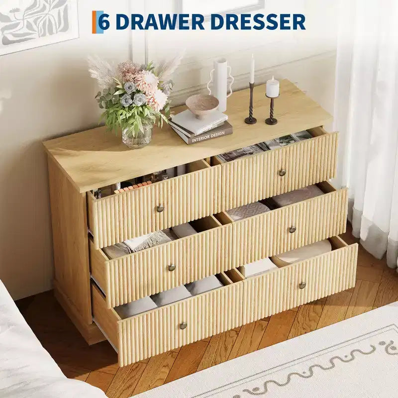 Commode à 6 tiroirs cannelés pour chambre à coucher, commode horizontale en bois avec poignées en métal, organiseur de rangement moderne pour chambre à coucher, salon