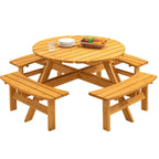 Ensemble de salle à manger rond en bois de sapin pour patio extérieur 8 personnes avec 4 bancs intégrés et trou pour parasol