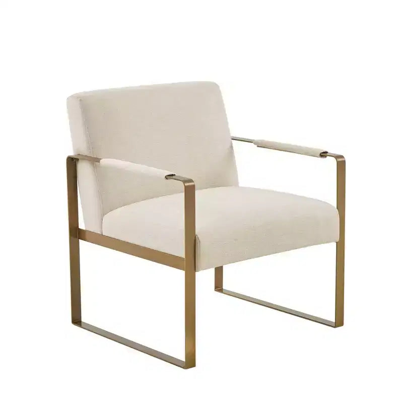 Fauteuil d'appoint Okak avec coussin de dossier confortable et cadre en métal doré, fauteuil de lecture élégant pour salon et salle d'attente.