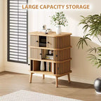 Meuble de rangement, commode à 3 tiroirs Mid-Century Modern avec porte coulissante, osier naturel et pieds en bois pour chambre à coucher ou salon