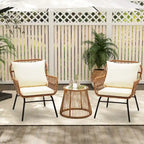 Ensemble de bistro 3 pièces pour terrasse, salon de jardin en rotin tressé avec table en verre et 2 fauteuils larges, coussins d'assise