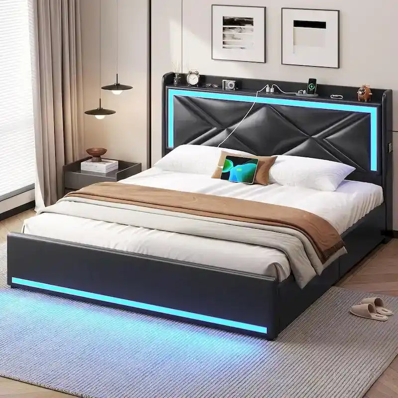 Cadre de lit avec lumières LED, tête de lit et station de charge USB-C/A, 4 tiroirs