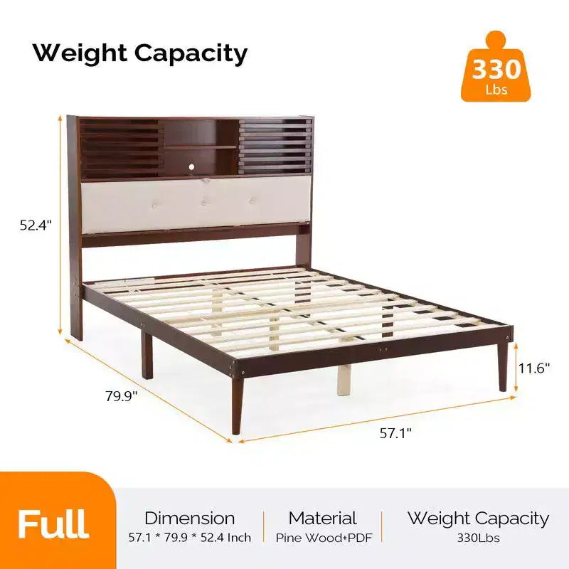 Cadre de lit en bois brun de luxe Karl Home, taille double, plateforme avec tête de lit capitonnée à LED, station de recharge