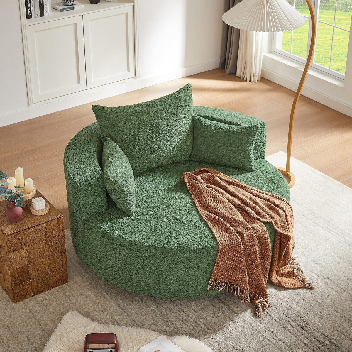 Fauteuil baril accent en chenille, Fauteuil de salon, Fauteuil rond avec base pivotante à 360 degrés et 3 coussins amovibles