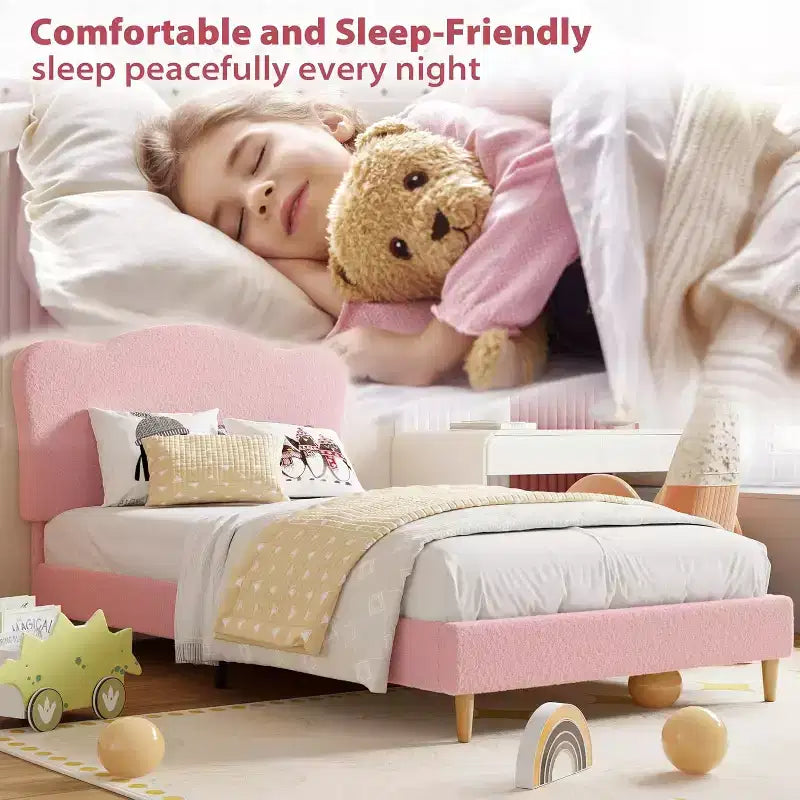 Lit plateforme capitonné jumeau GustoWave avec tête de lit coquillage pour enfants - Rose, pas besoin de sommier tapissier