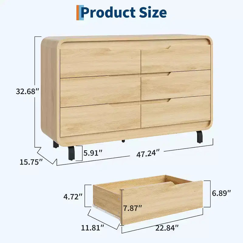 Commode à 6 tiroirs GustoWave, commode en bois avec pieds en métal et kit anti-basculement, meuble de rangement à coins arrondis pour chambre ou salon