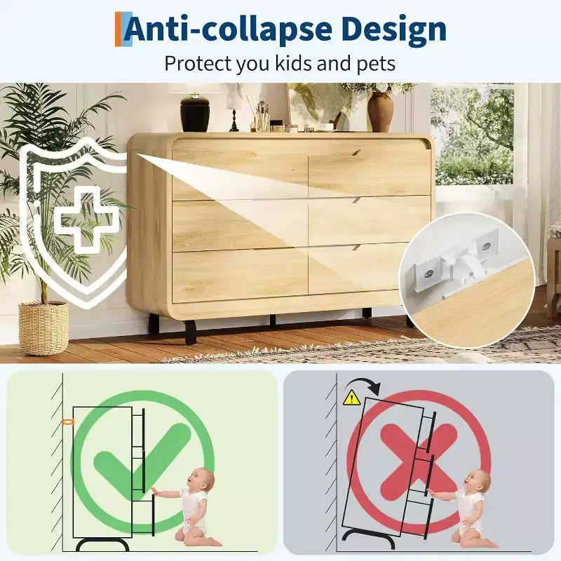 Commode à 6 tiroirs GustoWave, commode en bois avec pieds en métal et kit anti-basculement, meuble de rangement à coins arrondis pour chambre ou salon