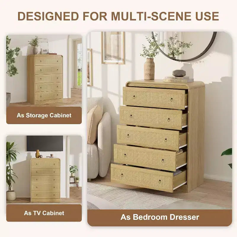 Commode haute en rotin de 79 cm, commode à 5 tiroirs pour chambre à coucher, commodes et chiffonniers, commode moderne pour chambre à coucher, salon, couloir