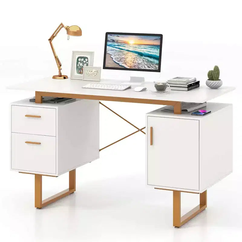 Bureau d'ordinateur de 51 pouces avec plateau flottant, double tiroir et structure métallique