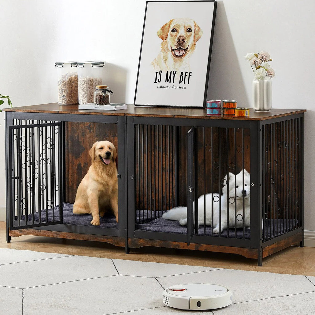 Meuble Cage pour Chien 70.86'' Grande Race Meuble TV avec Coussin & Deux Chambres (Sans Coussin)