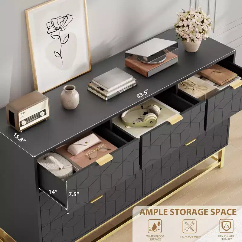 Commode pour chambre à coucher, commode de 136 cm de large avec 7 tiroirs, poignées et pieds en métal doré, commode moderne pour placard, couloir