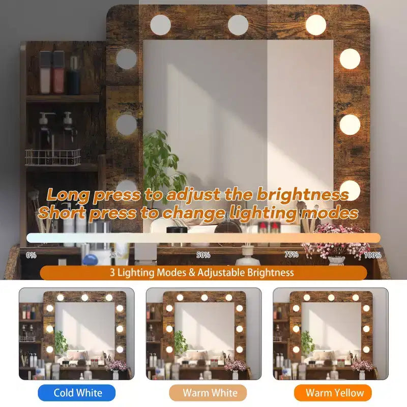 Coiffeuse de Maquillage avec Lumières, Bureau de Maquillage avec Miroir et Lumières, Grand Tiroir et Armoire de Rangement à Deux Étages, 3 Modes d'Éclairage