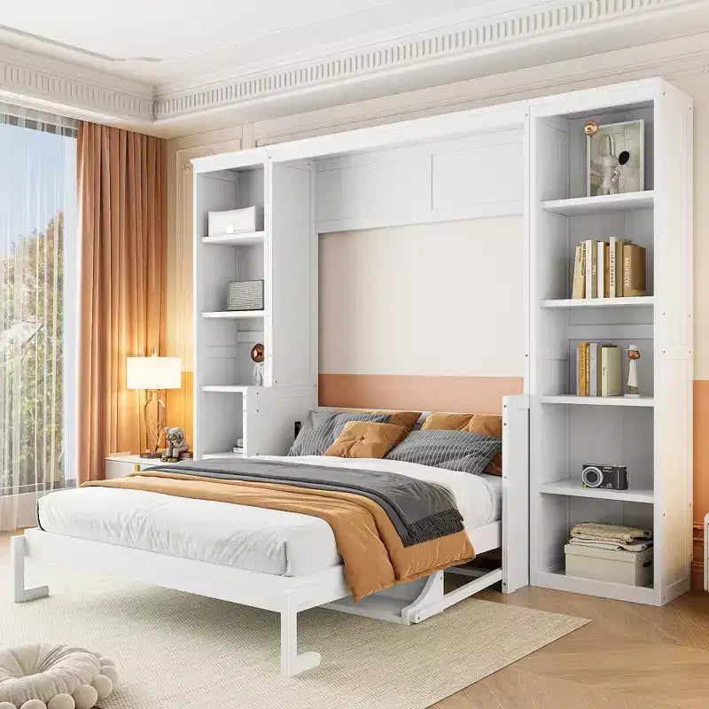 Lit escamotable en bois Queen/Grand avec bureau et étagères de rangement, blanc -ModernLuxe