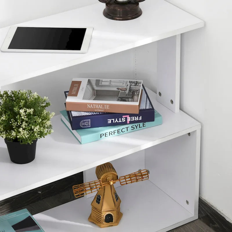 Bureau d'angle en L rotatif à 360° HOMCOM : Blanc, avec étagères de rangement