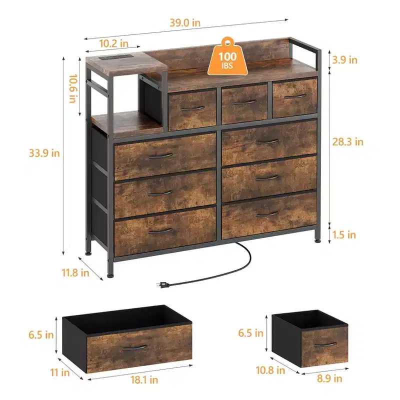 COZONY Commode de rangement à 9 tiroirs de 86,4 cm de haut et meuble TV, Tour de rangement en tissu, Rangement à cadre en acier robuste pour le salon, utilisation dans les petits espaces