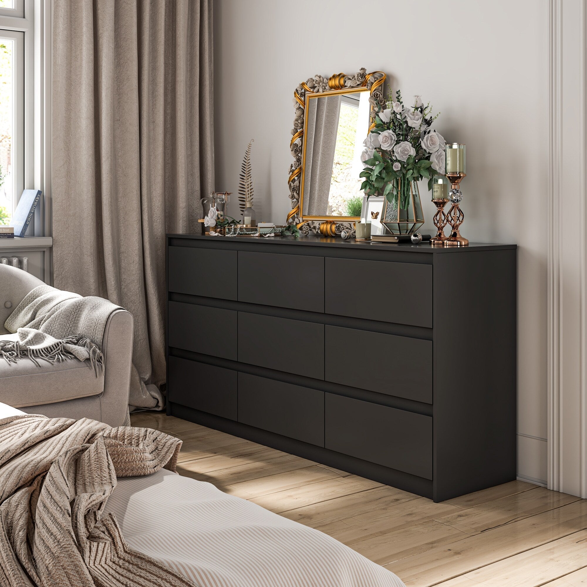 Commode à 9 tiroirs de 63 W, commode d'appoint pour salon, chambre à coucher