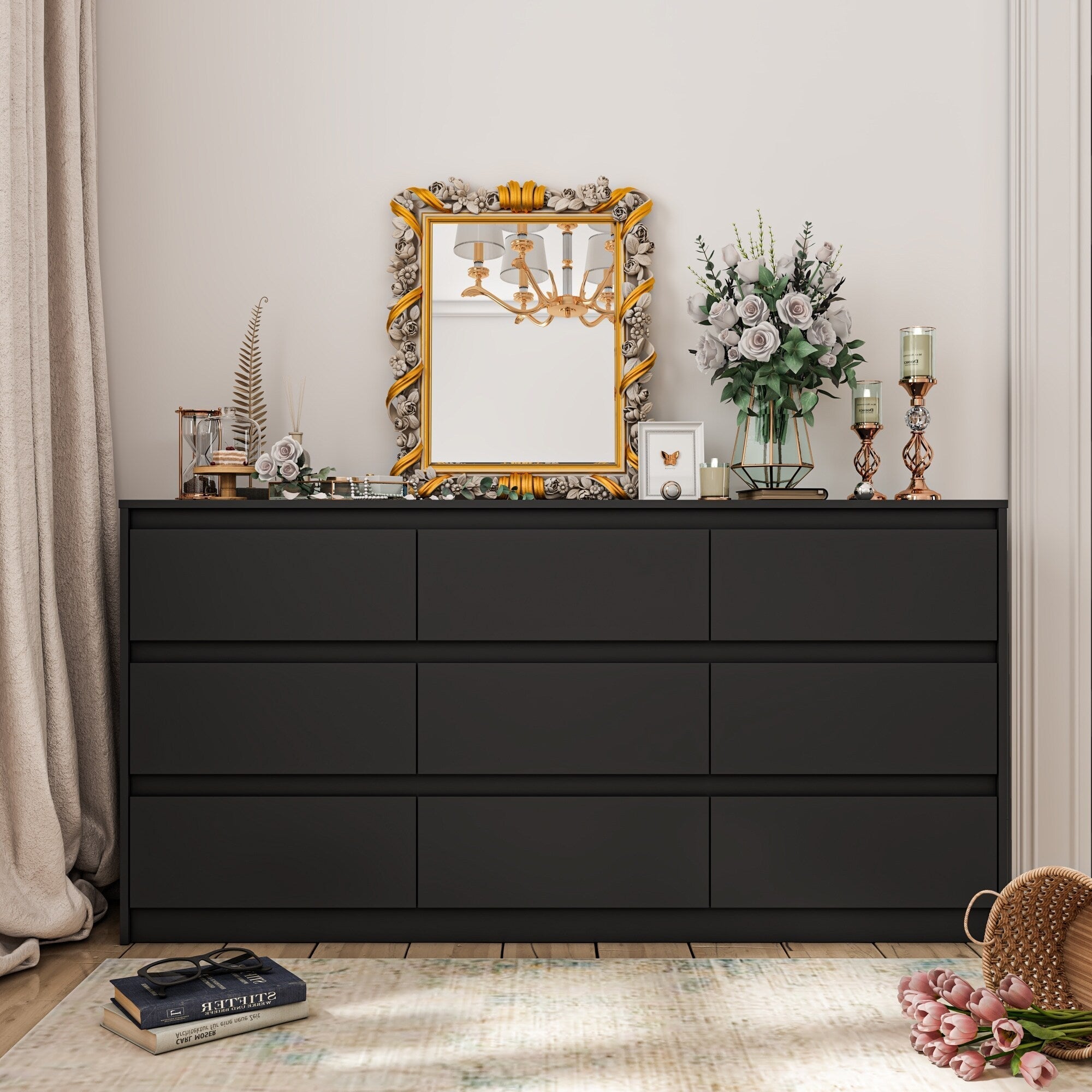 Commode à 9 tiroirs de 63 W, commode d'appoint pour salon, chambre à coucher
