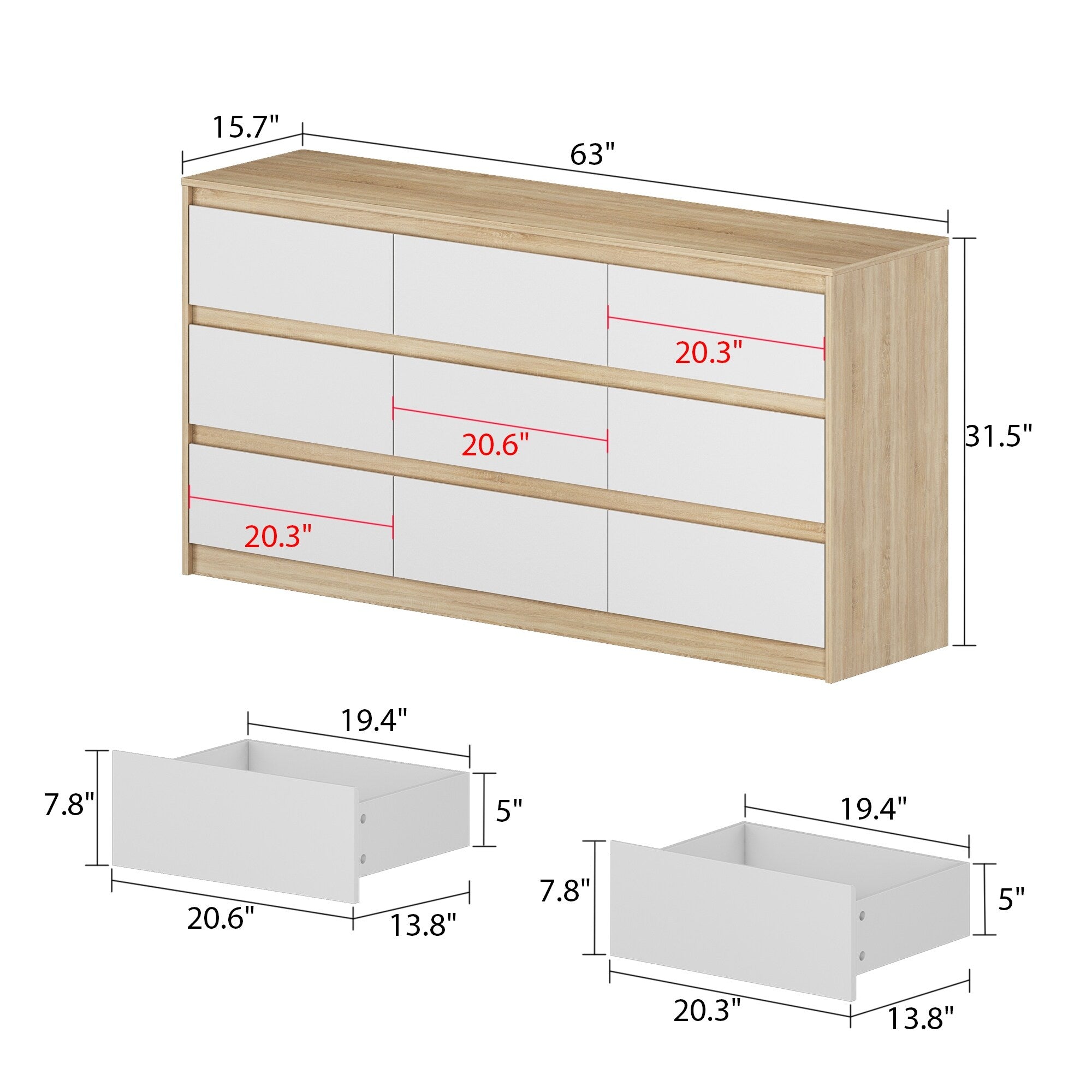 Commode à 9 tiroirs de 63 W, commode d'appoint pour salon, chambre à coucher