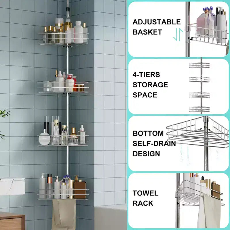 Étagère d'angle de salle de bain, étagère réglable à quatre niveaux, étagère de douche antirouille, support de baignoire autoportant, avec tringle télescopique